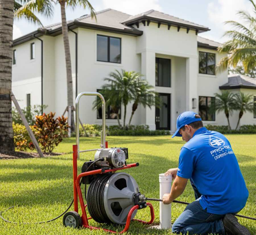 PRO-TECH Technician performing drain cleaning service outside a Naples FL home