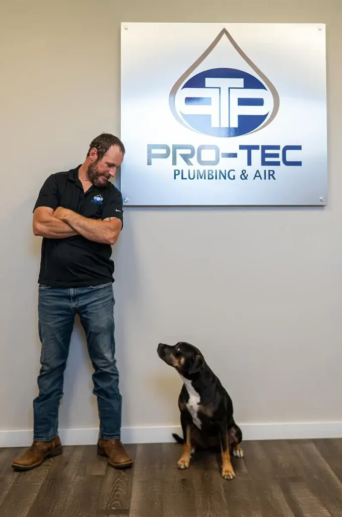 Team member and company dog at Pro-Tec Plumbing and Air