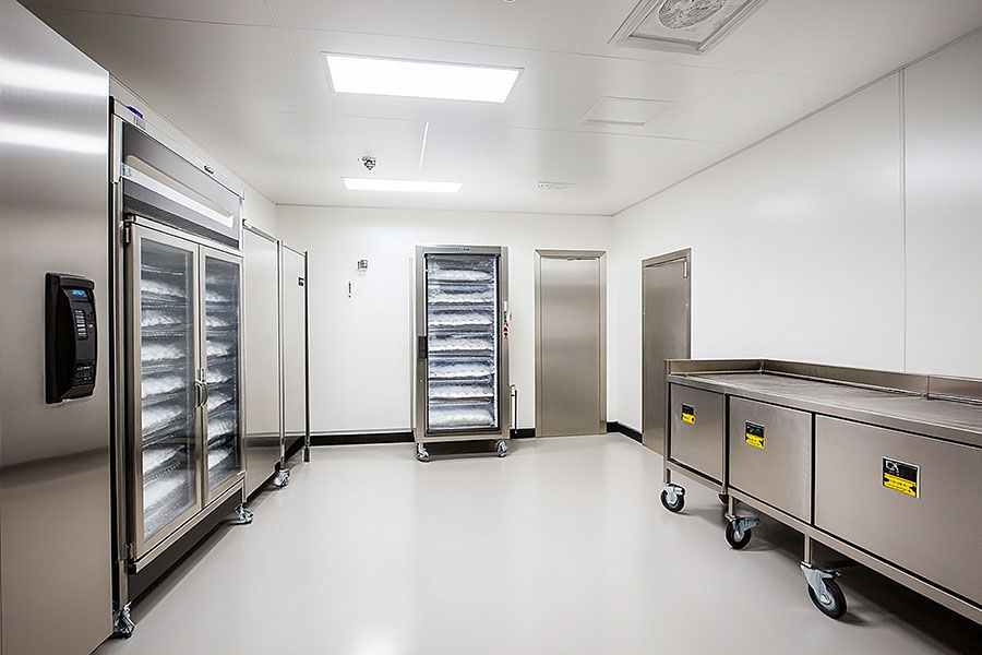 Commercial refrigeration setup with coolers, storage racks, and stainless prep tables