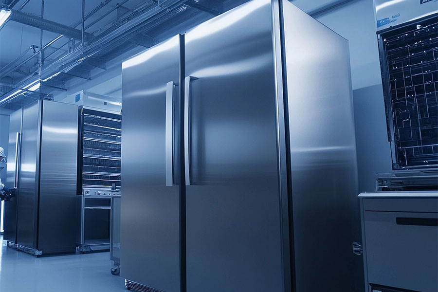 Commercial refrigeration equipment with upright coolers and metal storage units