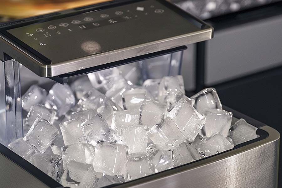 Commercial ice machine service showing fresh ice cubes in an open ice maker bin