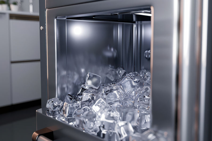 Close-up of a commercial ice machine with clean cube ice ready for use