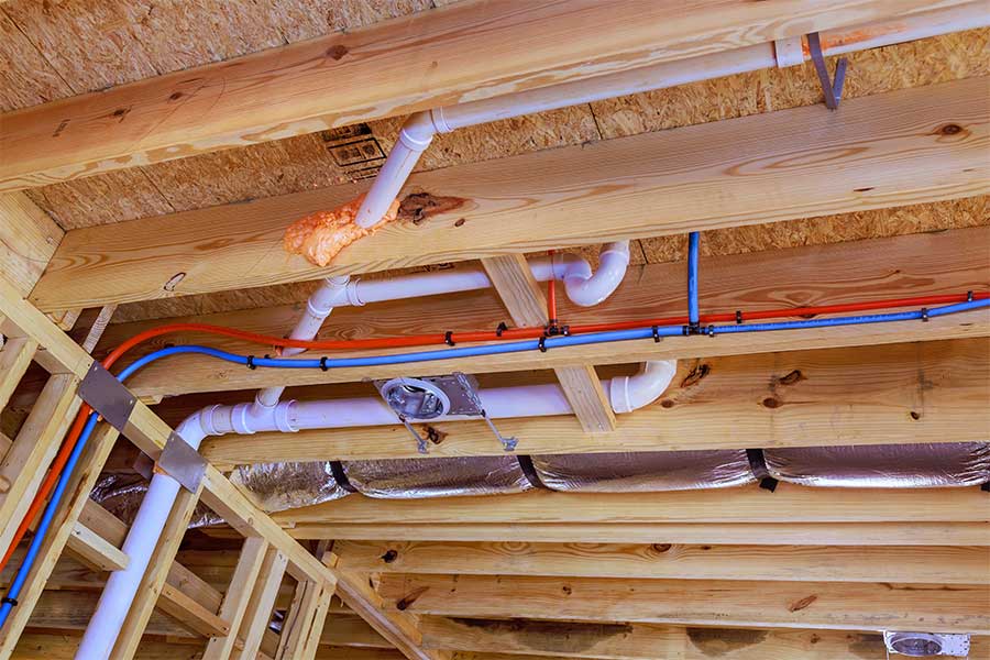 Residential main water line repair showing plumbing pipes running through wood framing