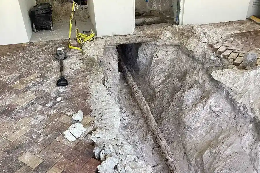 Residential sewer line repair showing pavers removed to access buried piping